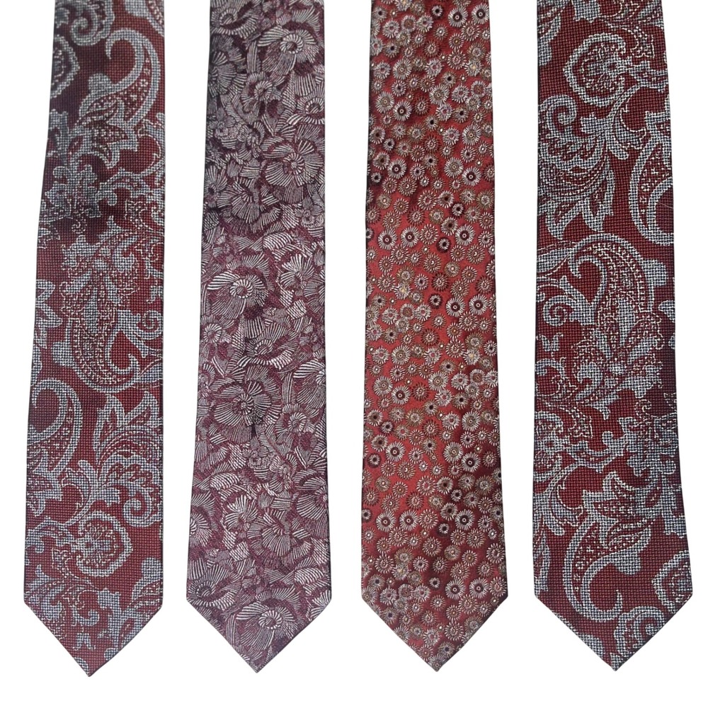 Murano Extra Long Necktie Silk Burgundy Floral Paisley Men's Tie Lot of 4